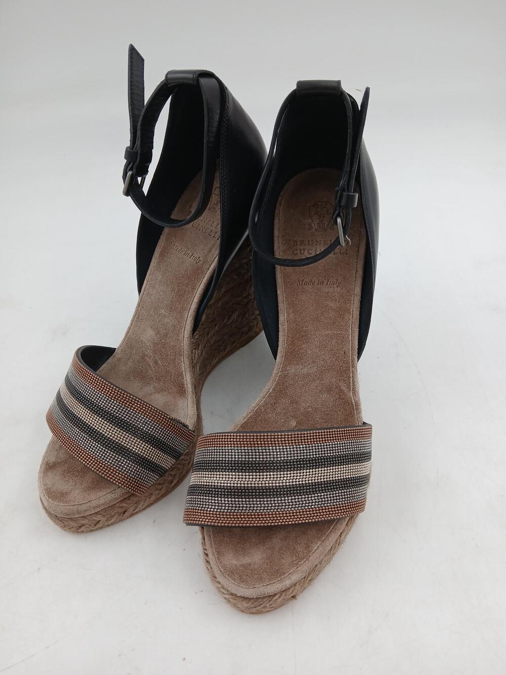 Brunello Cucinelli Shoes Womens Brown Leather Espadrille Wedge Sandals Size 7.5